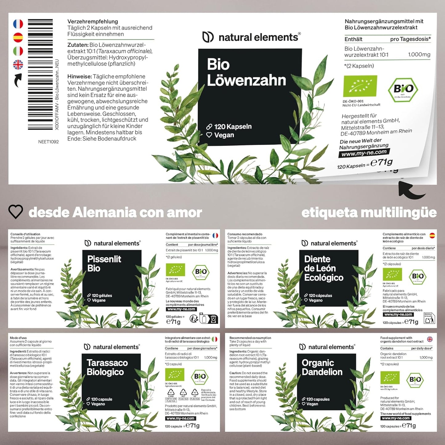 Diente De León Ecológico (10:1) - 1.000 Mg De Extracto De Raíz De Diente De León Por Dosis Diaria - 120 Cápsulas En Alta Dosificación - Probado En Laboratorio Y Vegano