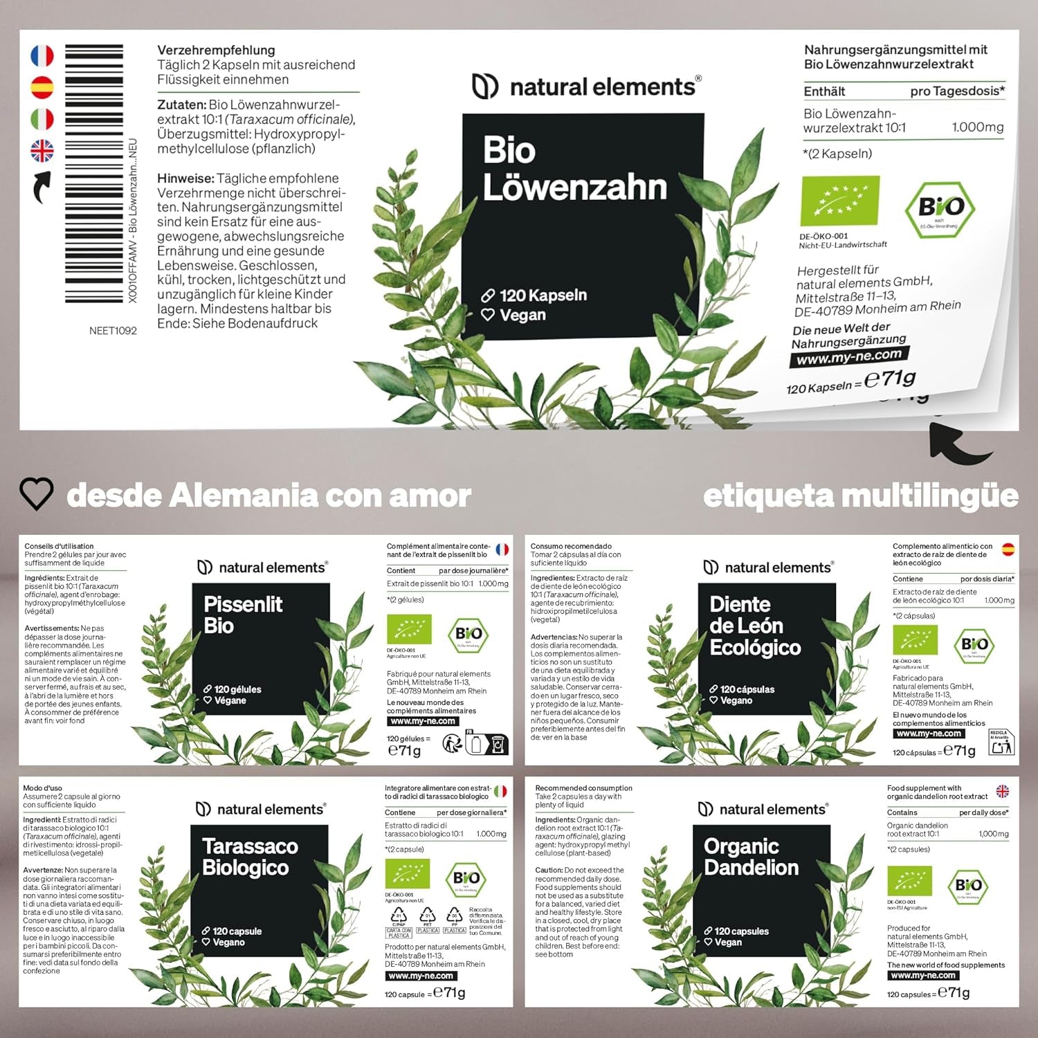 Diente De León Ecológico (10:1) - 1.000 Mg De Extracto De Raíz De Diente De León Por Dosis Diaria - 120 Cápsulas En Alta Dosificación - Probado En Laboratorio Y Vegano